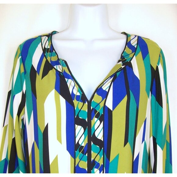 London Times Blue Green Retro Shift Dress 10 Geometric Knit Stretch Vneck - Picture 2 of 7